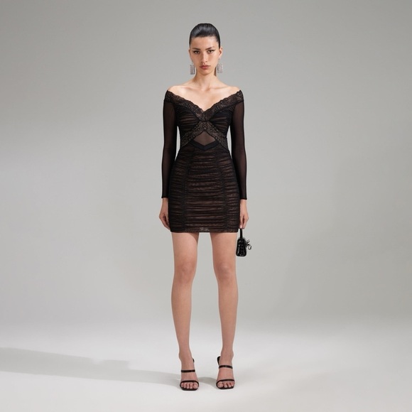 Self-Portrait Dresses & Skirts - Self-Portrait Black Mesh Long Sleeve Dress SZ 4